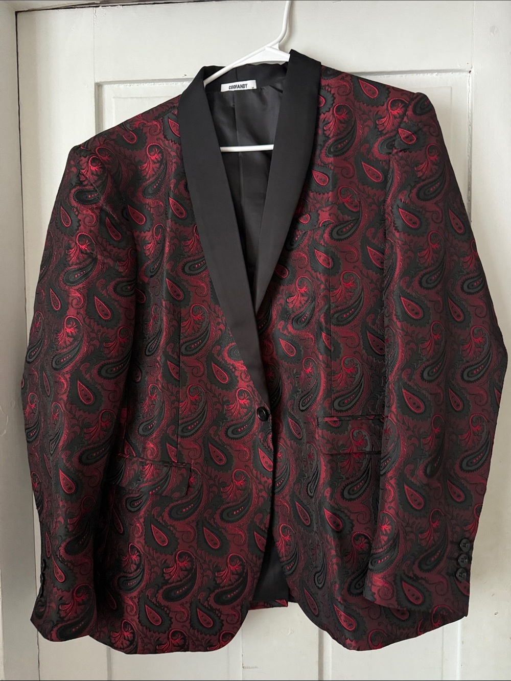 Men's Red Paisley Sport Coat with Black Shawl Lapel